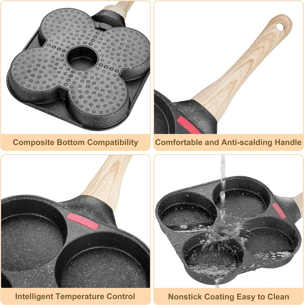 Egg Frying Pan, 4-Cup Egg Pan Nonstick, Fried Egg Pan Skillet for Breakfast, Pancake, Hamburger, Sandwiches, Suitable for Gas Stove & Induction Cookware
