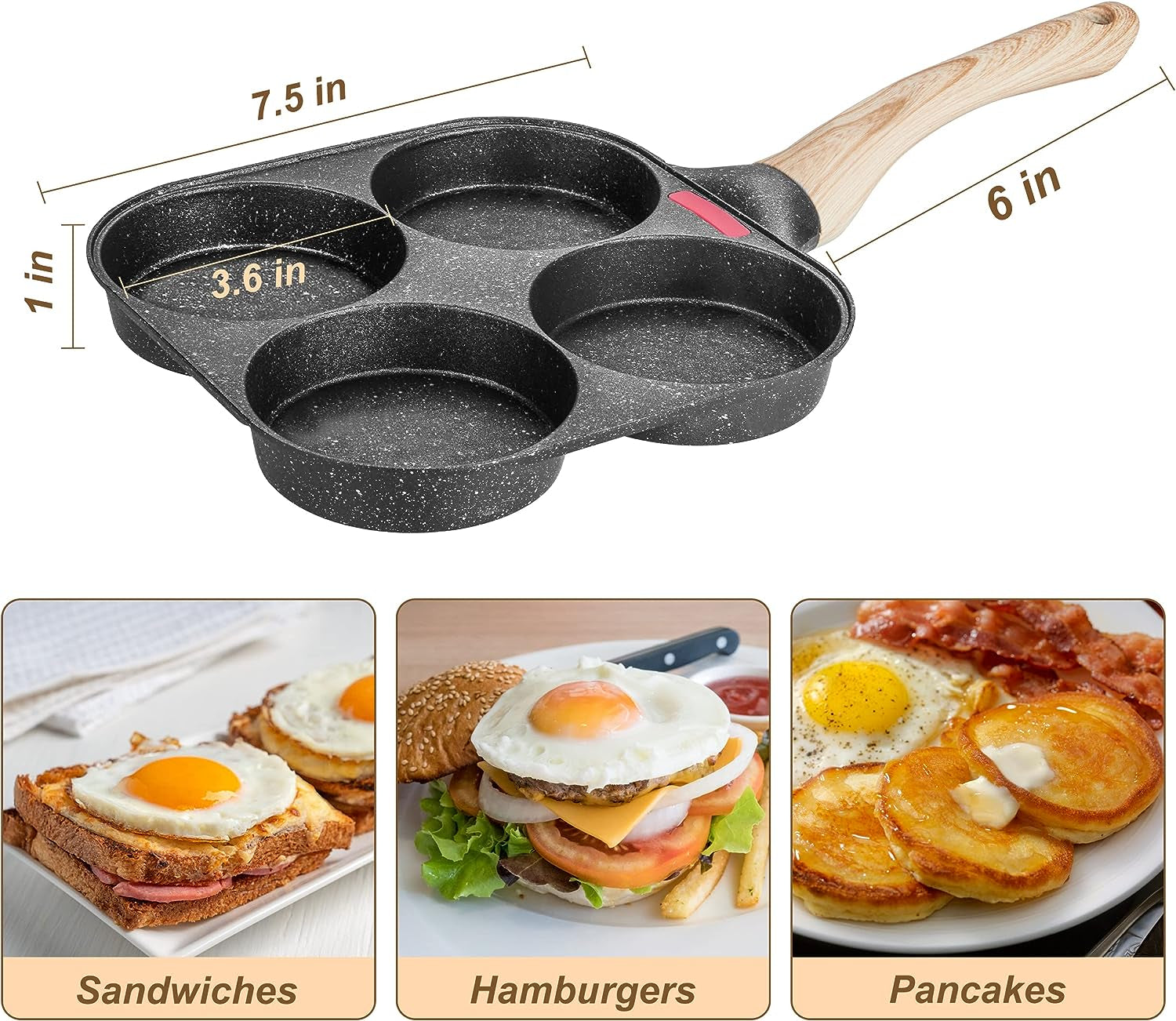 Egg Frying Pan, 4-Cup Egg Pan Nonstick, Fried Egg Pan Skillet for Breakfast, Pancake, Hamburger, Sandwiches, Suitable for Gas Stove & Induction Cookware