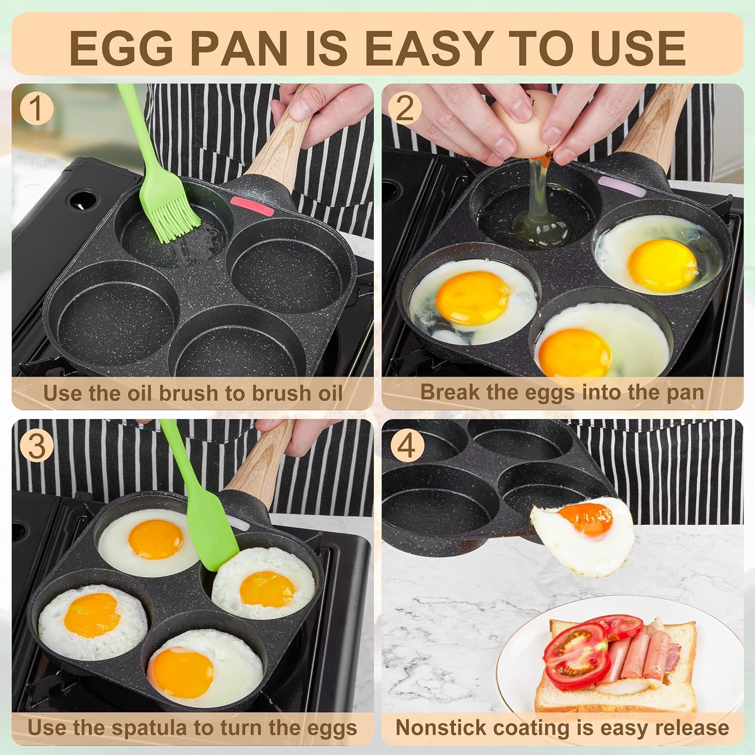 Egg Frying Pan, 4-Cup Egg Pan Nonstick, Fried Egg Pan Skillet for Breakfast, Pancake, Hamburger, Sandwiches, Suitable for Gas Stove & Induction Cookware